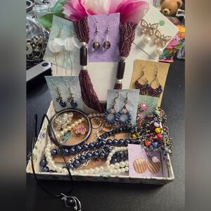 Not So Mystery Jewelry Lot-Floral Storage Box-Pearls, Blue and Purple Pieces